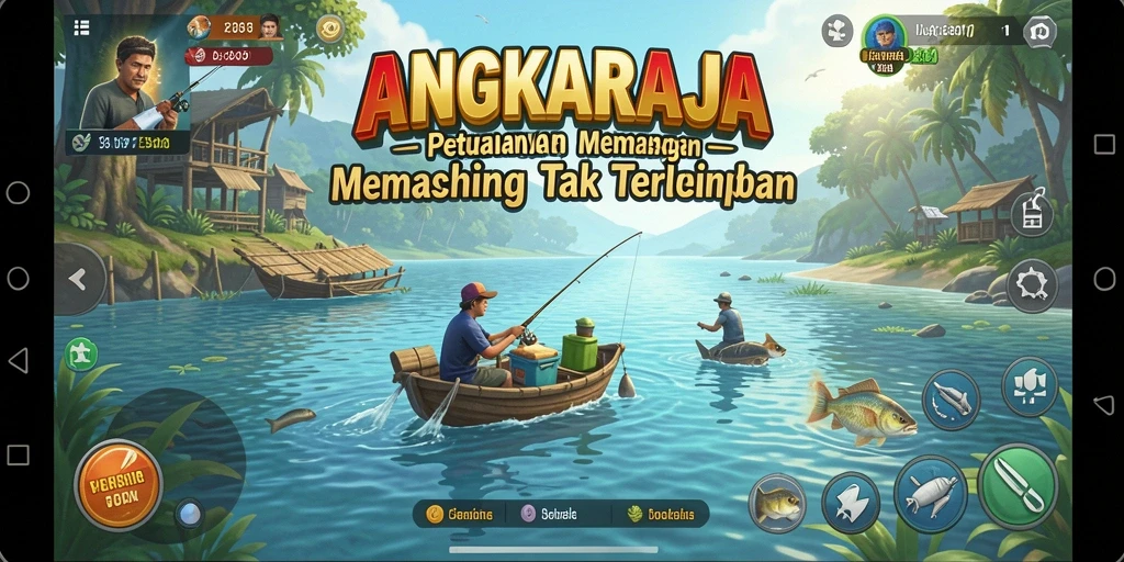 Screenshot ANGKARAJA menampilkan aksi seru memancing di lokasi indah.