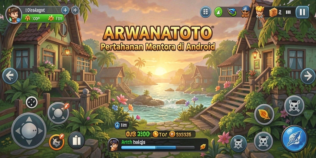 Screenshot menunjukkan aksi seru di ARWANATOTO dengan pertahanan menara yang strategis.