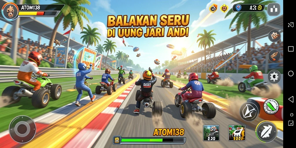 Tampilan aksi balap seru dalam ATOM138 dengan grafis menawan.