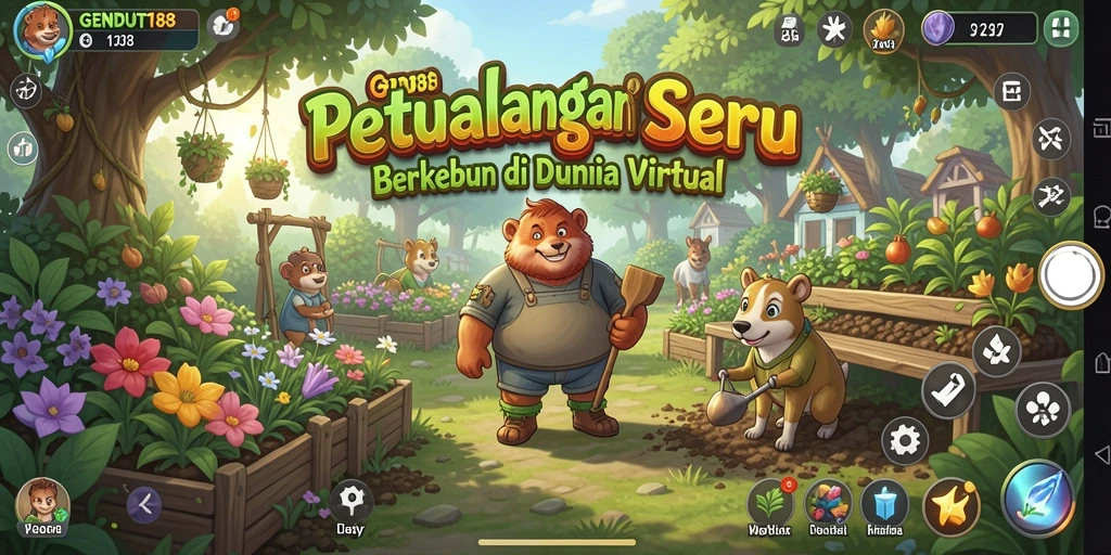 Screenshot GENDUT188 menunjukkan pemain berinteraksi dengan ladang dan hewan peliharaan.