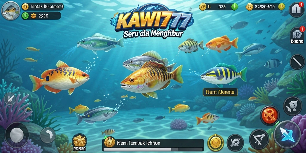 Screenshot gameplay KAWI777 menampilkan aksi seru dalam menembak ikan.