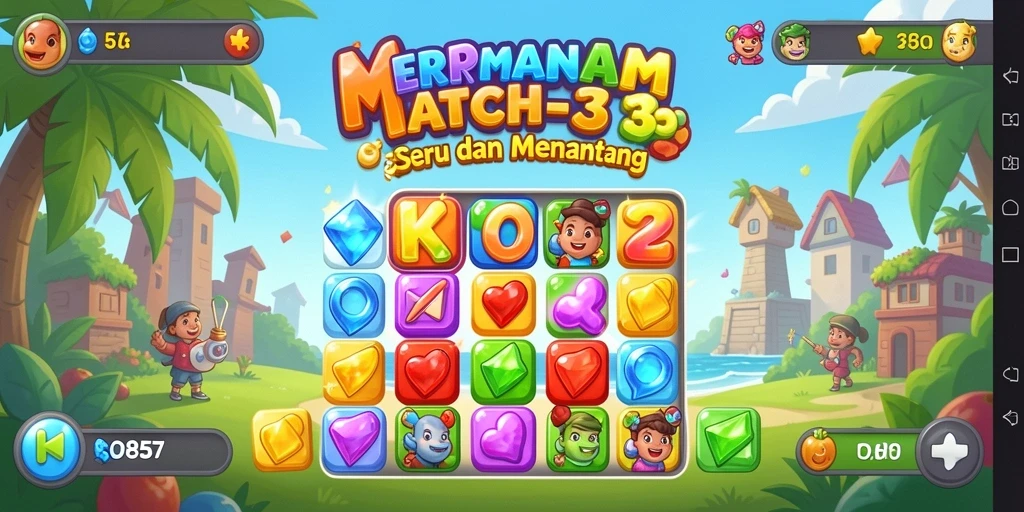 Screenshot KO857 menampilkan gameplay seru Match-3 yang penuh warna.