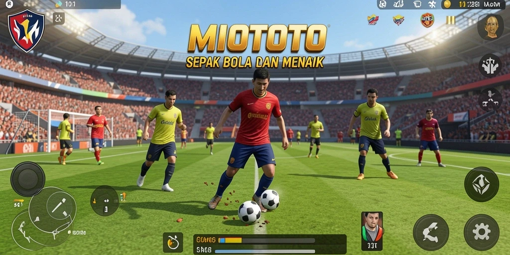 Screenshot MIOTOTO menampilkan aksi pertandingan sepak bola yang menegangkan.