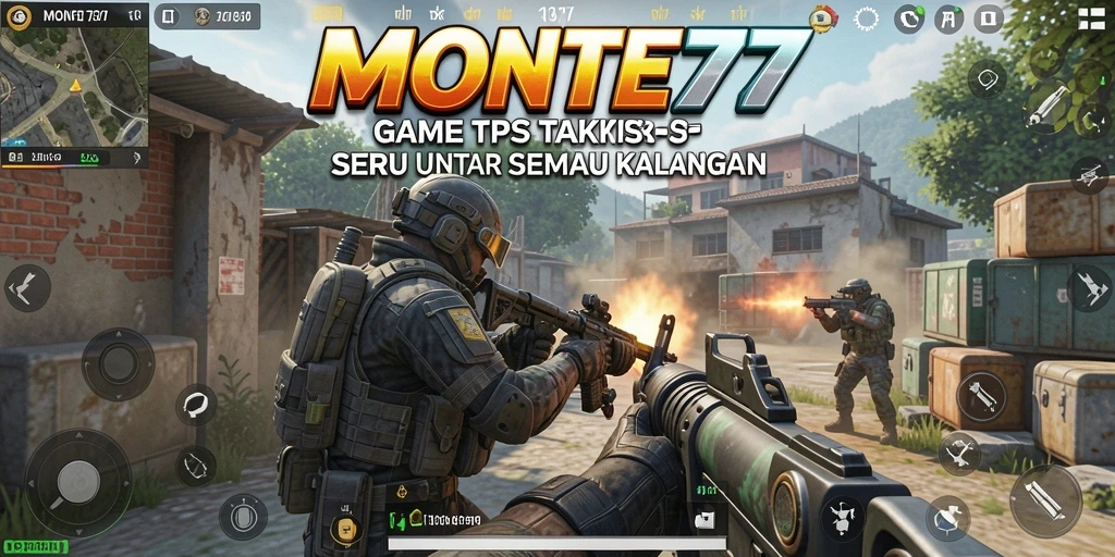 Tampilan gameplay MONTE77 menampilkan pertarungan TPS yang intens.