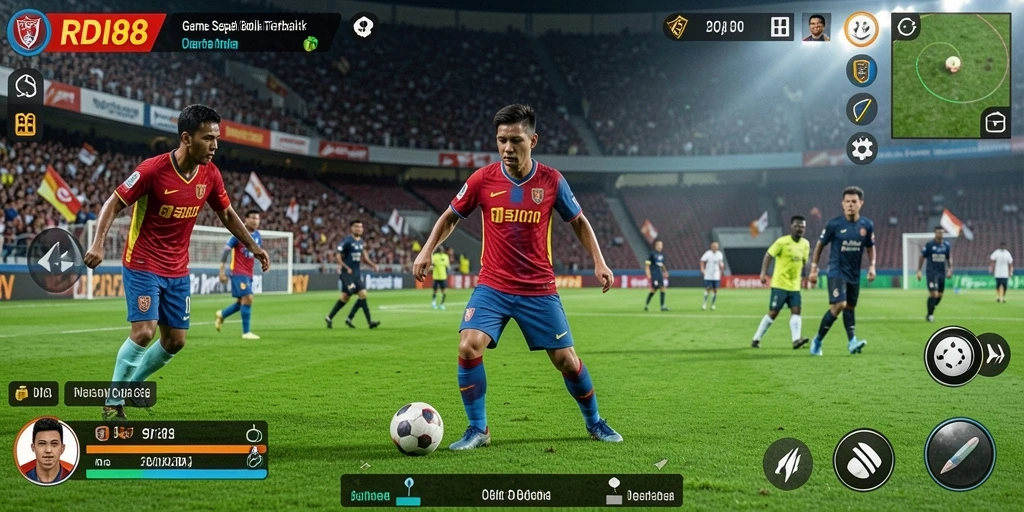 Screenshot gameplay RDI88 menampilkan aksi sepak bola yang mendebarkan.