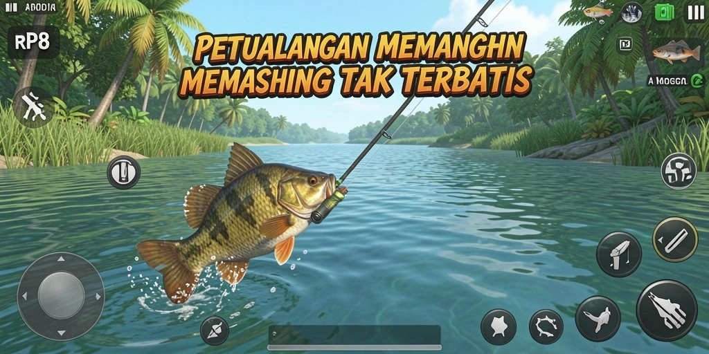 Screenshot RP8 menampilkan gameplay memancing yang memukau dan mendebarkan.