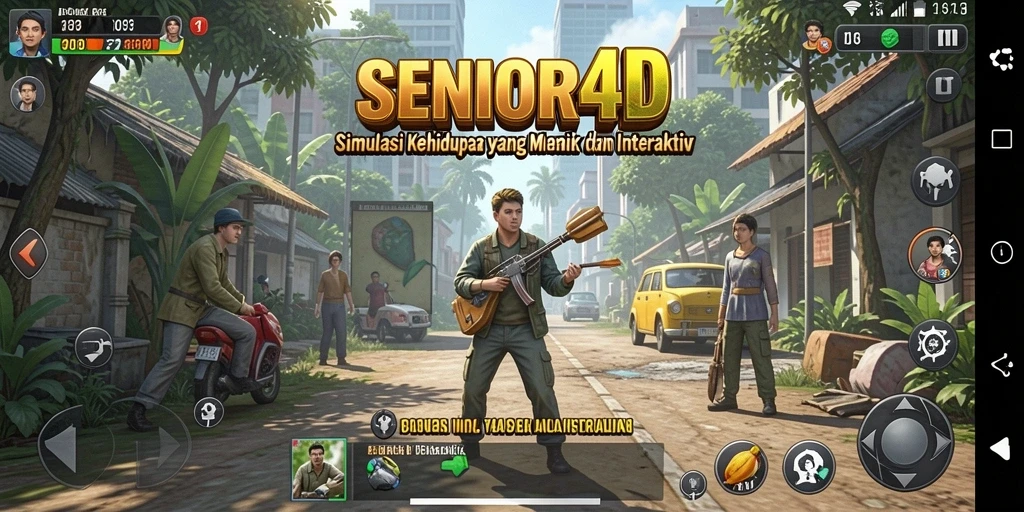 Screenshot gameplay SENIOR4D menampilkan dunia simulasi yang vibrant.