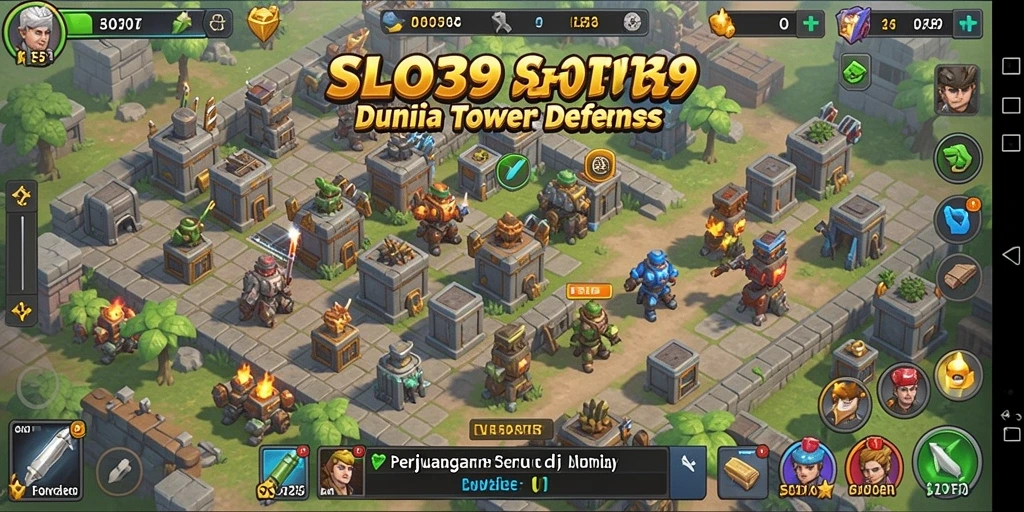 Tangkapan layar gameplay SLOT39: Menara bertahan melawan gelombang musuh dengan efek visual yang menarik.