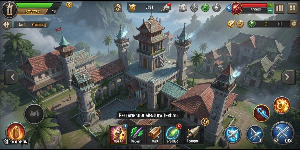 Tampilan gameplay SOV777 dengan menara dan pertahanan yang strategis.