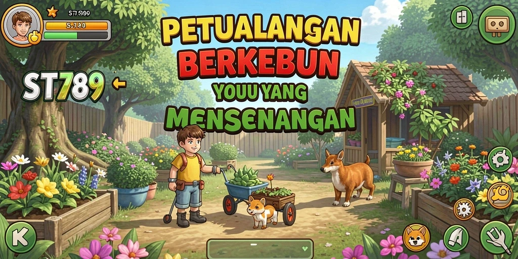 Tampilan gameplay ST789 menunjukkan kebun yang subur dan beragam tanaman.