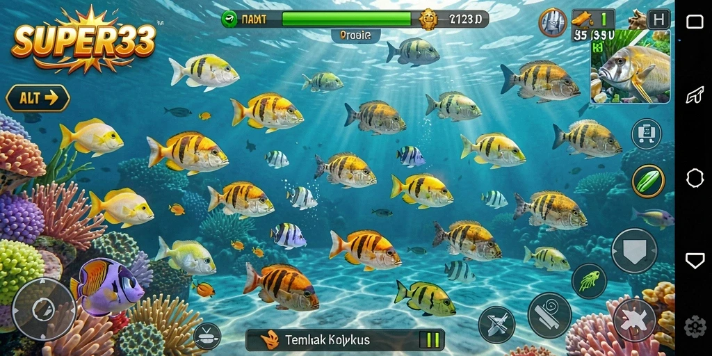 Screenshot gameplay SUPER33 menampilkan aksi seru menembak ikan.